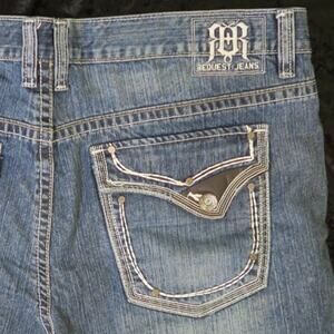 Mens Request Denim Jeans Embroidered 40x32 Leather Detail Back Patch Straight